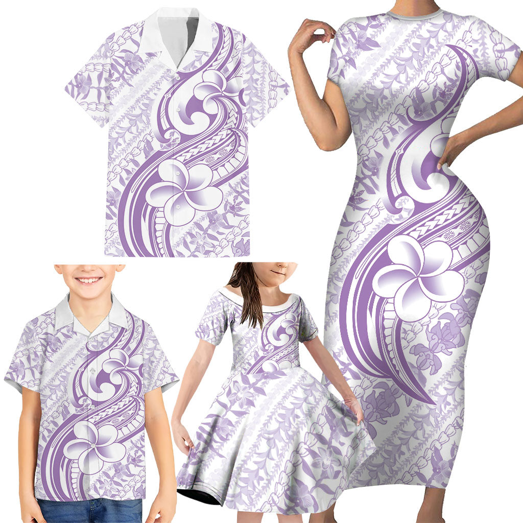 Hawaii Plumeria Lokelani Pikake Lei Family Matching Short Sleeve Bodycon Dress and Hawaiian Shirt Poni Polynesian Tattoo