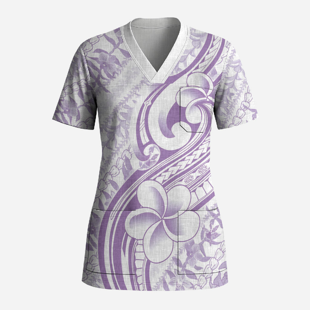 Hawaii Plumeria Lokelani Pikake Lei Scrub Top Poni Polynesian Tattoo