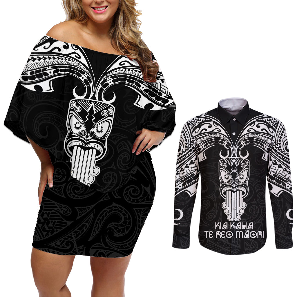 New Zealand Te Reo Maori Couples Matching Off Shoulder Short Dress and Long Sleeve Button Shirts Kia Kaha Maori Language Week Black Style LT9 Black - Polynesian Pride