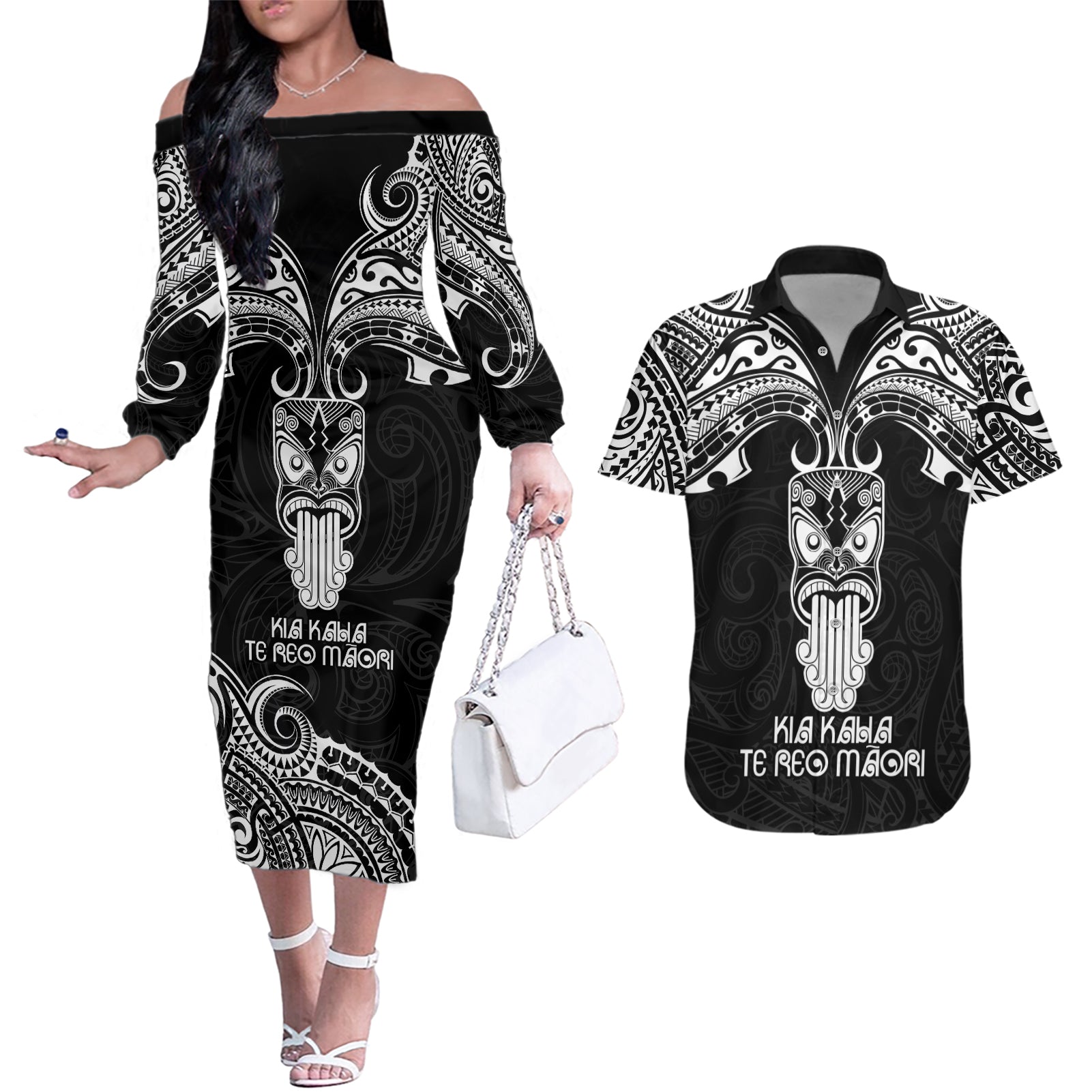 New Zealand Te Reo Maori Couples Matching Off The Shoulder Long Sleeve Dress and Hawaiian Shirt Kia Kaha Maori Language Week Black Style LT9 Black - Polynesian Pride