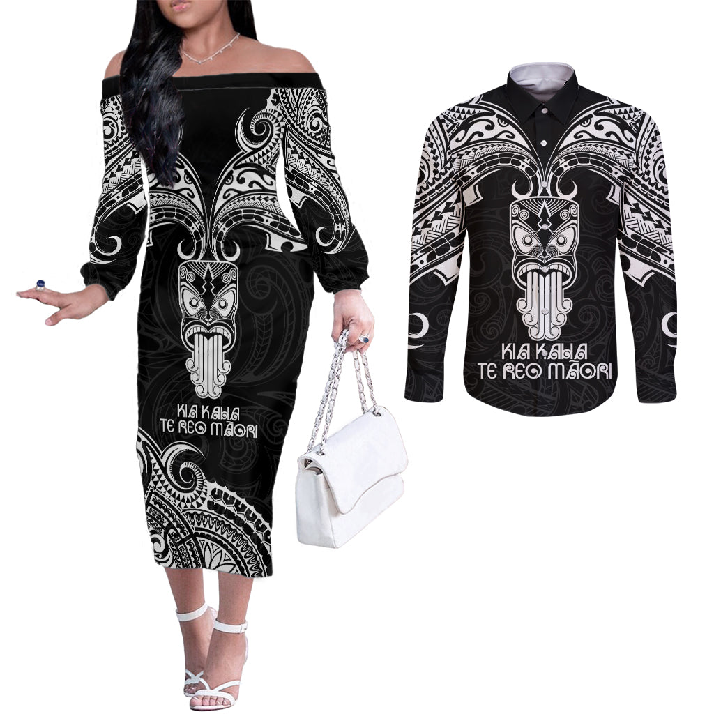 New Zealand Te Reo Maori Couples Matching Off The Shoulder Long Sleeve Dress and Long Sleeve Button Shirts Kia Kaha Maori Language Week Black Style LT9 Black - Polynesian Pride