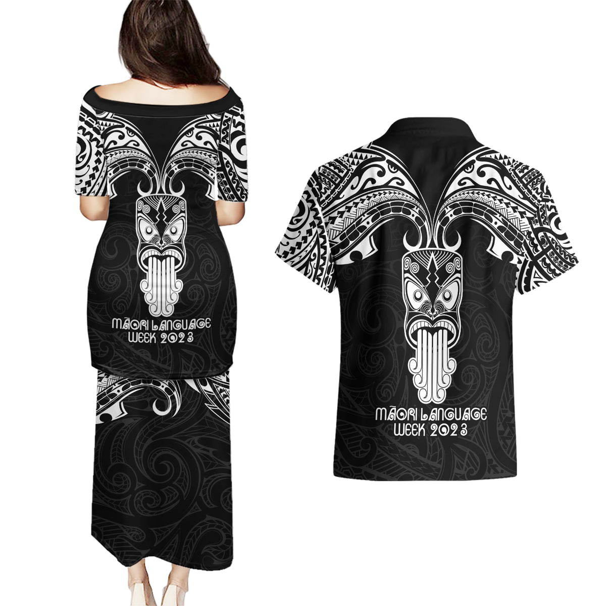 New Zealand Te Reo Maori Couples Matching Puletasi Dress and Hawaiian Shirt Kia Kaha Maori Language Week Black Style LT9 - Polynesian Pride