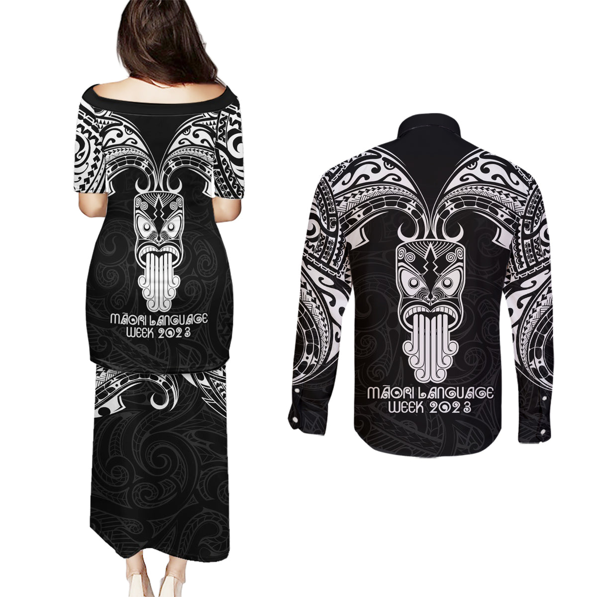 New Zealand Te Reo Maori Couples Matching Puletasi Dress and Long Sleeve Button Shirts Kia Kaha Maori Language Week Black Style LT9 - Polynesian Pride