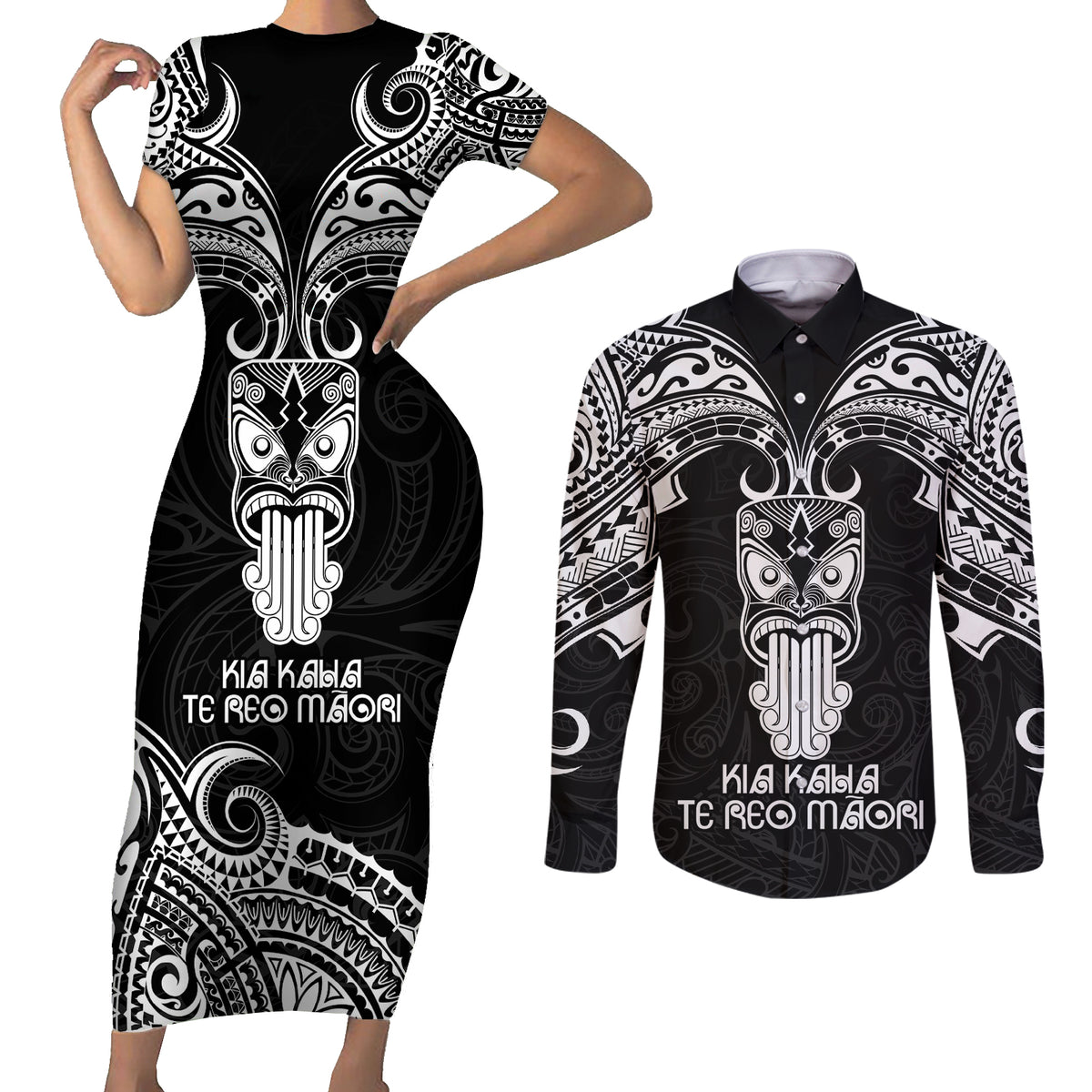 New Zealand Te Reo Maori Couples Matching Short Sleeve Bodycon Dress and Long Sleeve Button Shirts Kia Kaha Maori Language Week Black Style LT9 Black - Polynesian Pride