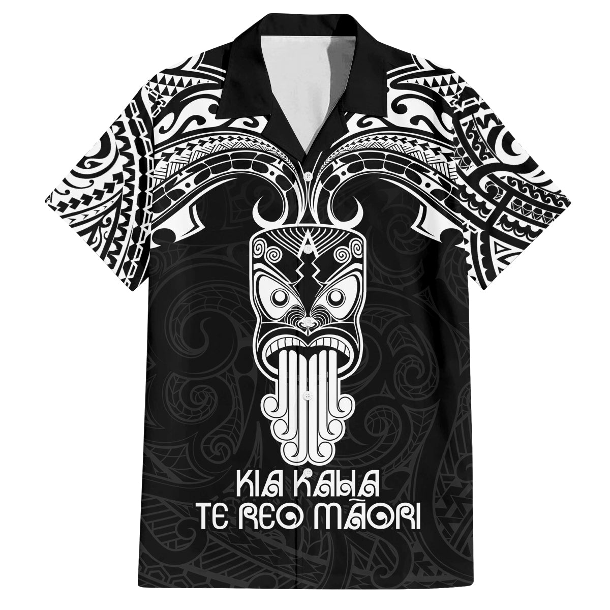 New Zealand Te Reo Maori Family Matching Off Shoulder Long Sleeve Dress and Hawaiian Shirt Kia Kaha Maori Language Week Black Style LT9 Dad's Shirt - Short Sleeve Black - Polynesian Pride