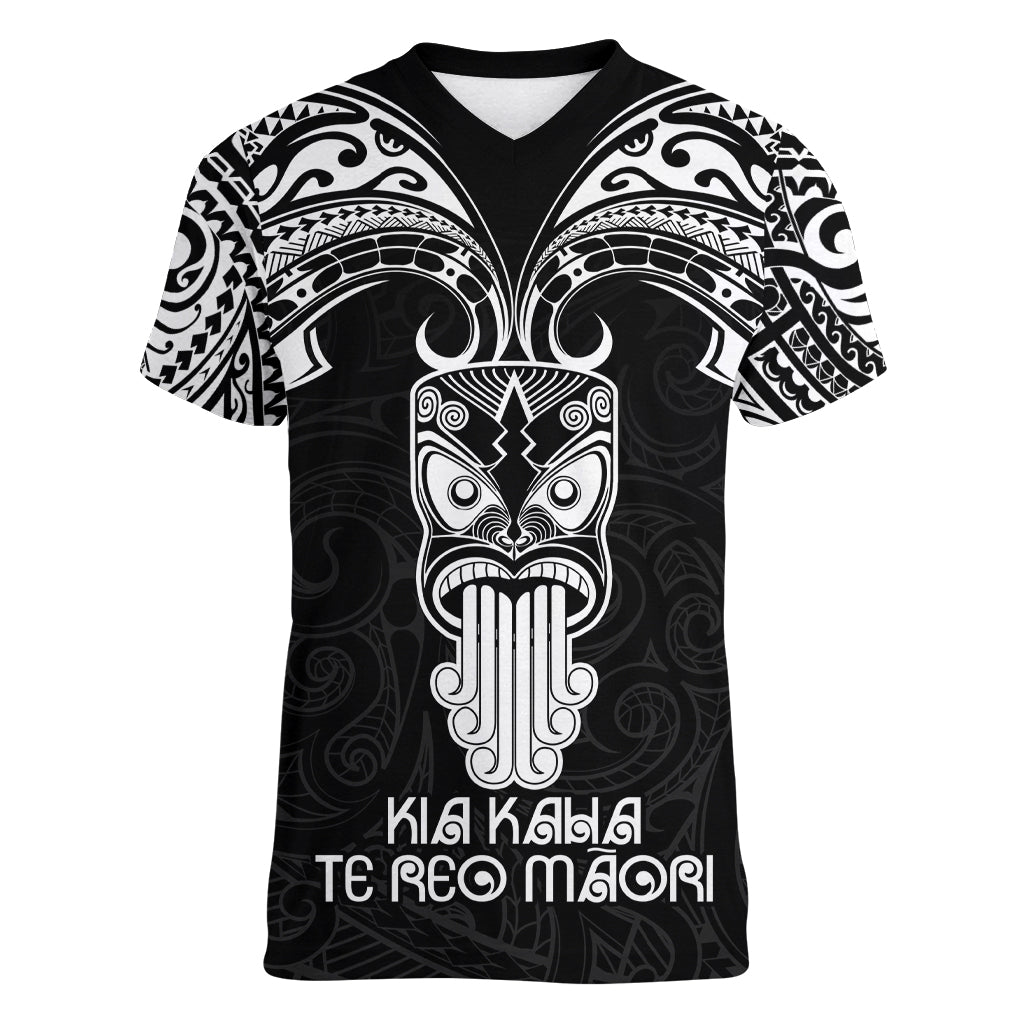 New Zealand Te Reo Maori Women V Neck T Shirt Kia Kaha Maori Language Week Black Style LT9 Female Black - Polynesian Pride