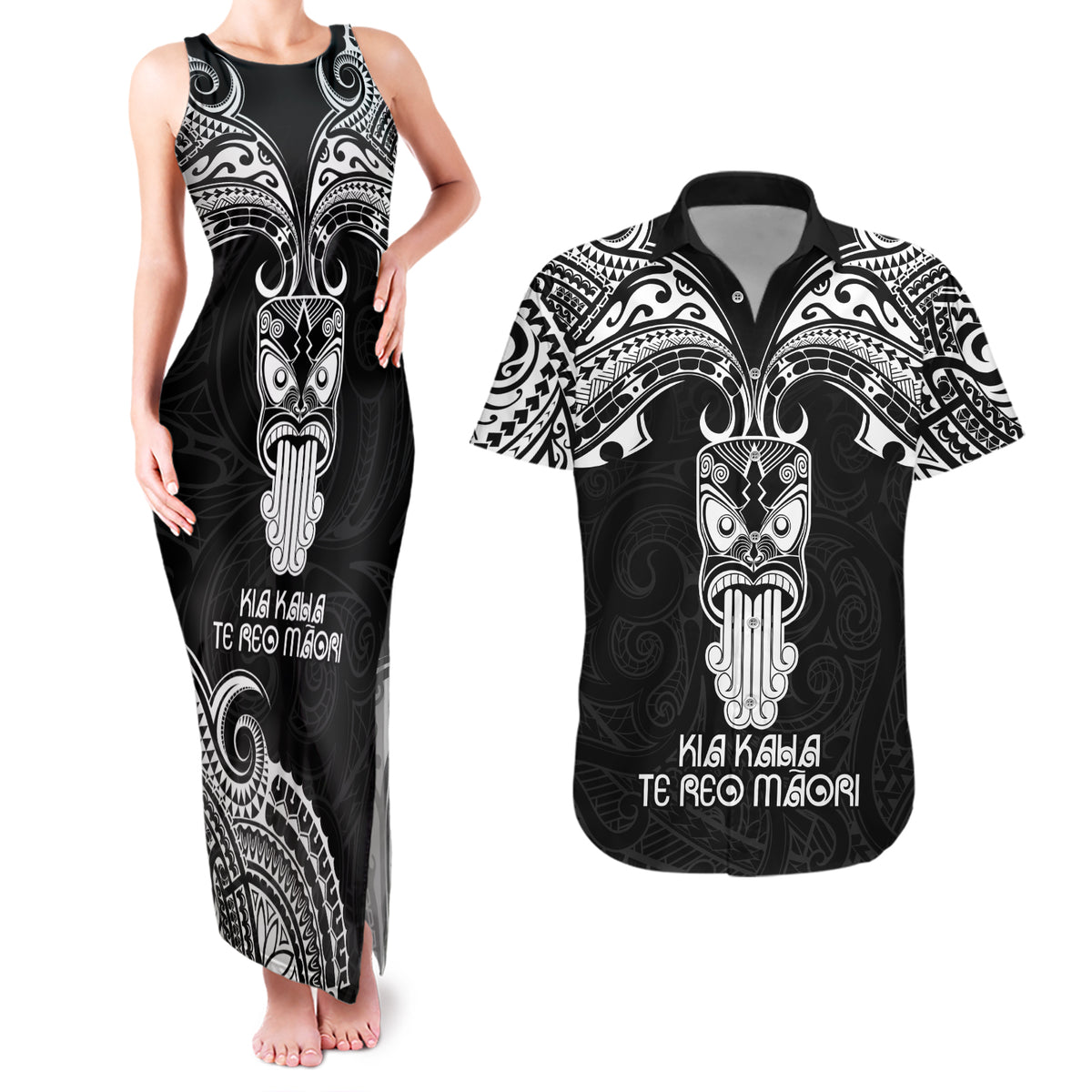Personalised New Zealand Te Reo Maori Couples Matching Tank Maxi Dress and Hawaiian Shirt Kia Kaha Maori Language Week Black Style LT9 Black - Polynesian Pride