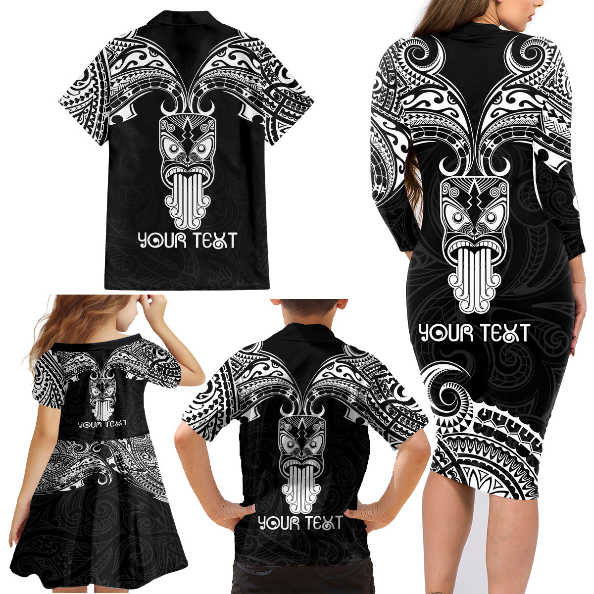 Personalised New Zealand Te Reo Maori Family Matching Long Sleeve Bodycon Dress and Hawaiian Shirt Kia Kaha Maori Language Week Black Style LT9 - Polynesian Pride