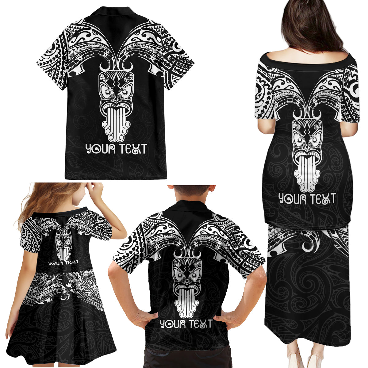 Personalised New Zealand Te Reo Maori Family Matching Puletasi Dress and Hawaiian Shirt Kia Kaha Maori Language Week Black Style LT9 - Polynesian Pride