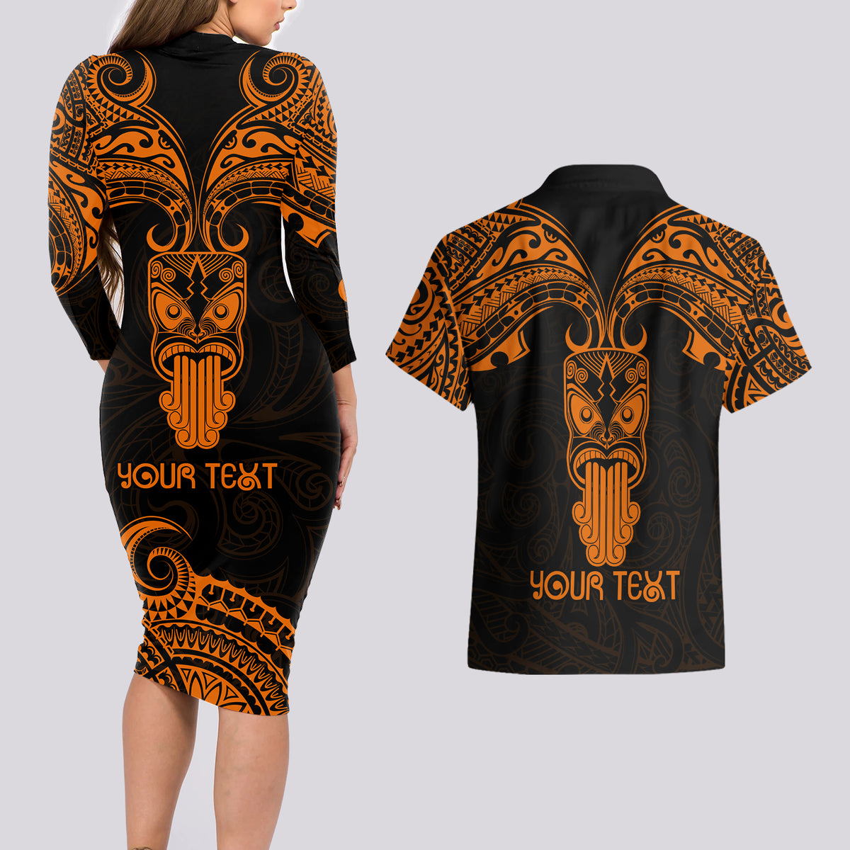 Personalised New Zealand Te Reo Maori Couples Matching Long Sleeve Bodycon Dress and Hawaiian Shirt Kia Kaha Maori Language Week Gold Style LT9 - Polynesian Pride