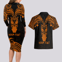 Personalised New Zealand Te Reo Maori Couples Matching Long Sleeve Bodycon Dress and Hawaiian Shirt Kia Kaha Maori Language Week Gold Style LT9 - Polynesian Pride