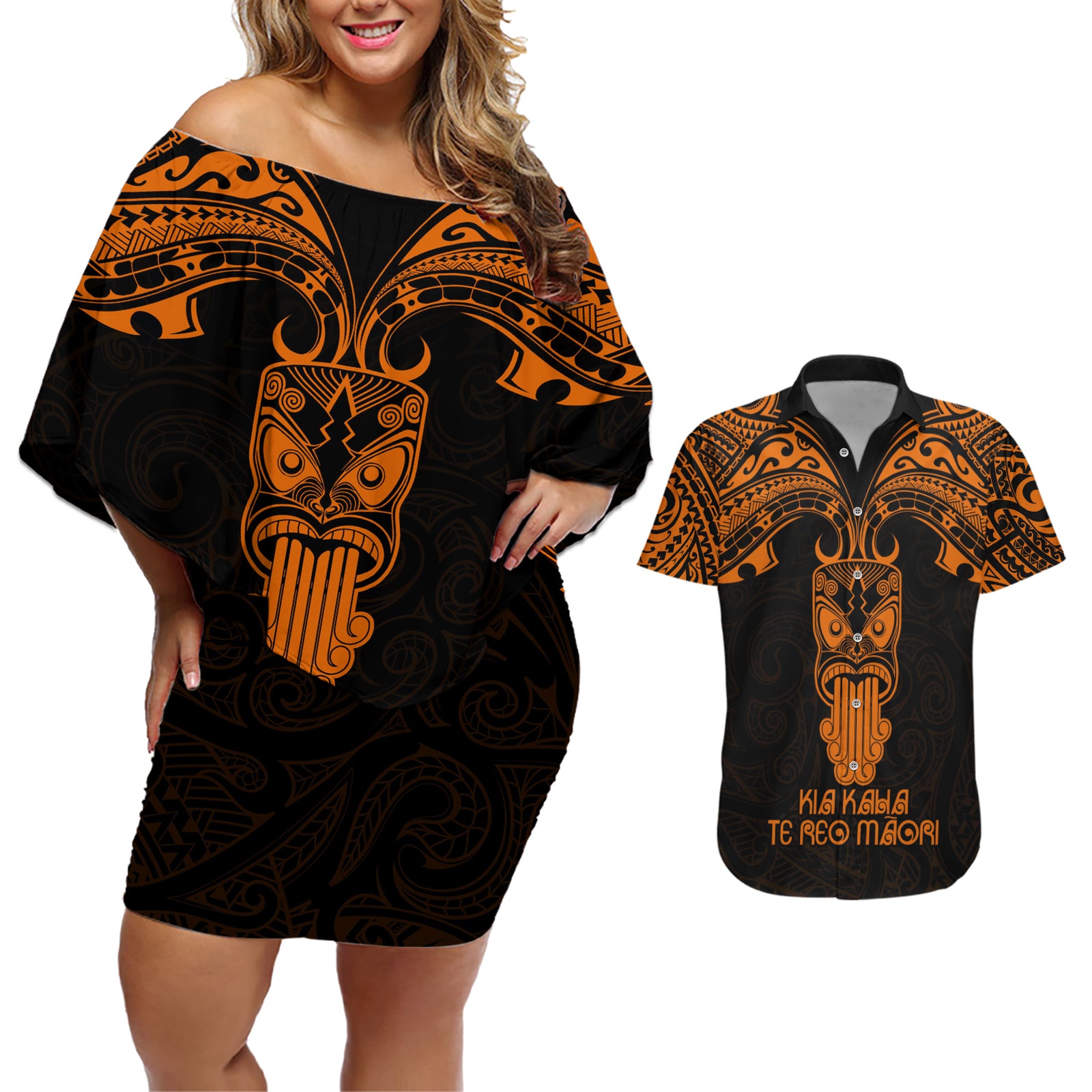 Personalised New Zealand Te Reo Maori Couples Matching Off Shoulder Short Dress and Hawaiian Shirt Kia Kaha Maori Language Week Gold Style LT9 Gold - Polynesian Pride