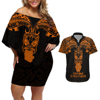 Personalised New Zealand Te Reo Maori Couples Matching Off Shoulder Short Dress and Hawaiian Shirt Kia Kaha Maori Language Week Gold Style LT9 Gold - Polynesian Pride