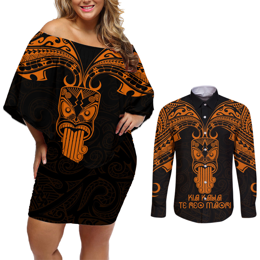 Personalised New Zealand Te Reo Maori Couples Matching Off Shoulder Short Dress and Long Sleeve Button Shirts Kia Kaha Maori Language Week Gold Style LT9 Gold - Polynesian Pride