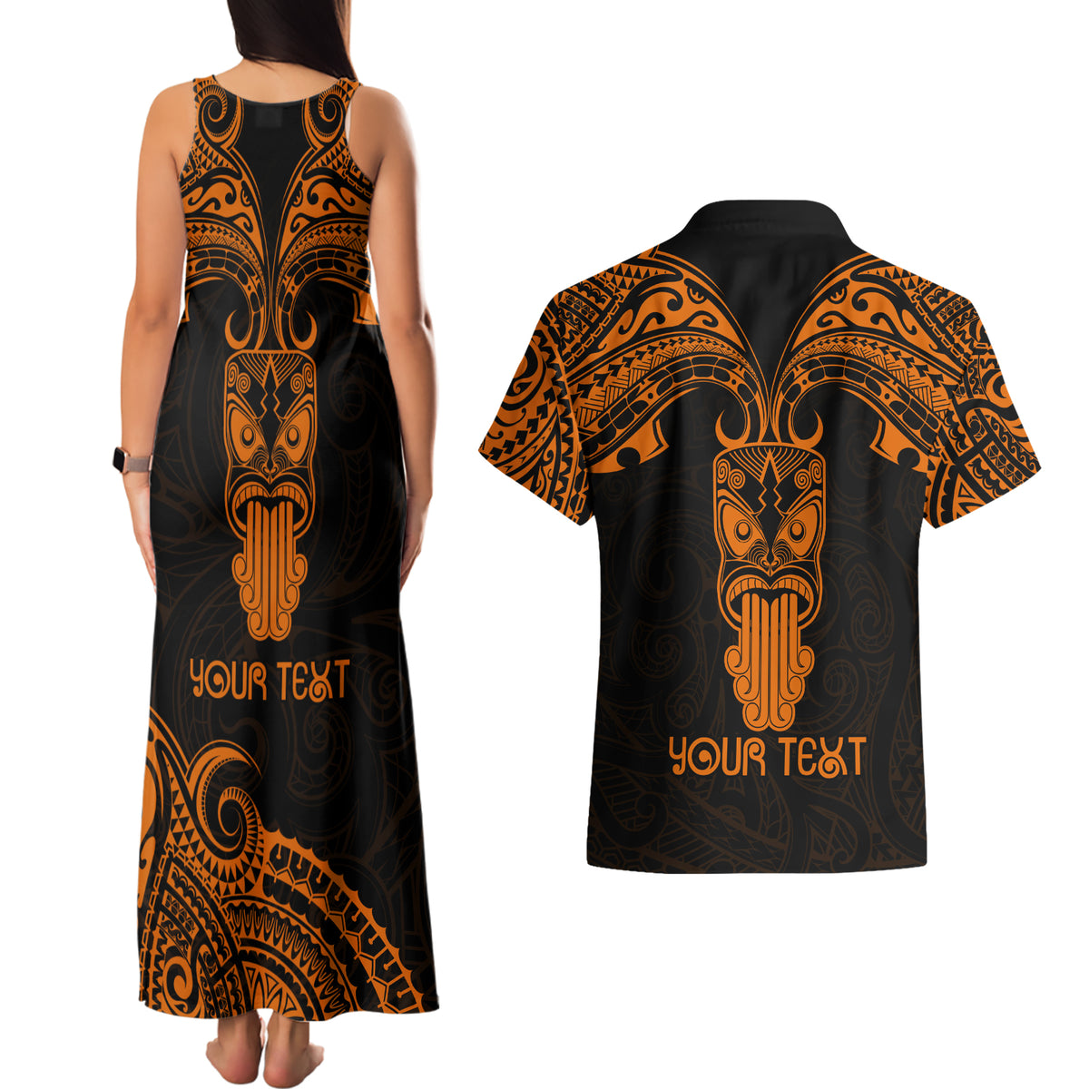 Personalised New Zealand Te Reo Maori Couples Matching Tank Maxi Dress and Hawaiian Shirt Kia Kaha Maori Language Week Gold Style LT9 - Polynesian Pride
