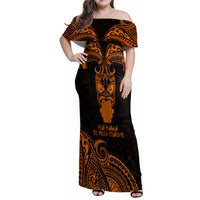 Personalised New Zealand Te Reo Maori Family Matching Off Shoulder Maxi Dress and Hawaiian Shirt Kia Kaha Maori Language Week Gold Style LT9 Mom's Dress Gold - Polynesian Pride
