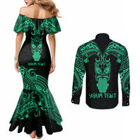 Personalised New Zealand Te Reo Maori Couples Matching Mermaid Dress and Long Sleeve Button Shirts Kia Kaha Maori Language Week Green Style LT9 - Polynesian Pride