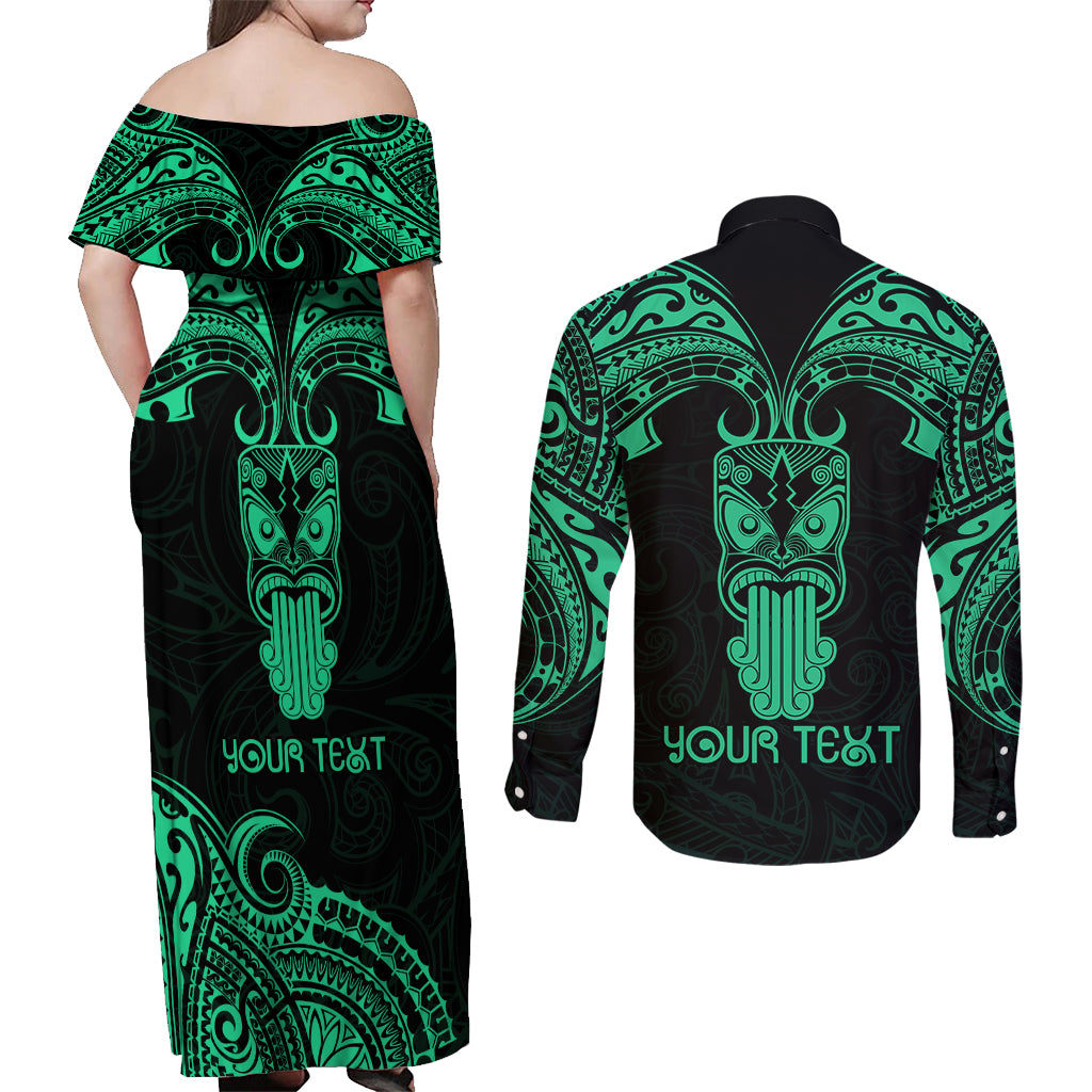 Personalised New Zealand Te Reo Maori Couples Matching Off Shoulder Maxi Dress and Long Sleeve Button Shirts Kia Kaha Maori Language Week Green Style LT9 - Polynesian Pride