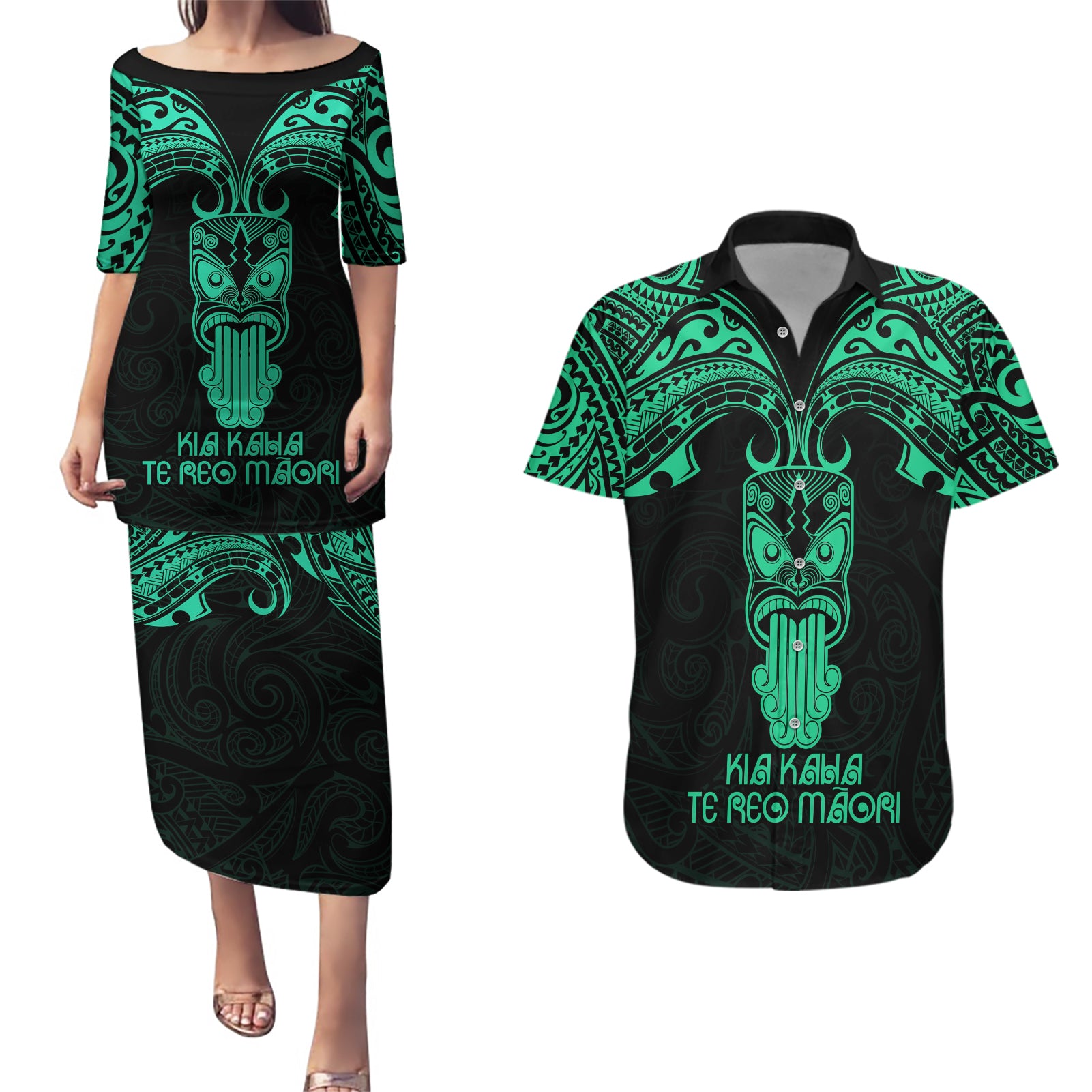 Personalised New Zealand Te Reo Maori Couples Matching Puletasi Dress and Hawaiian Shirt Kia Kaha Maori Language Week Green Style LT9 Green - Polynesian Pride