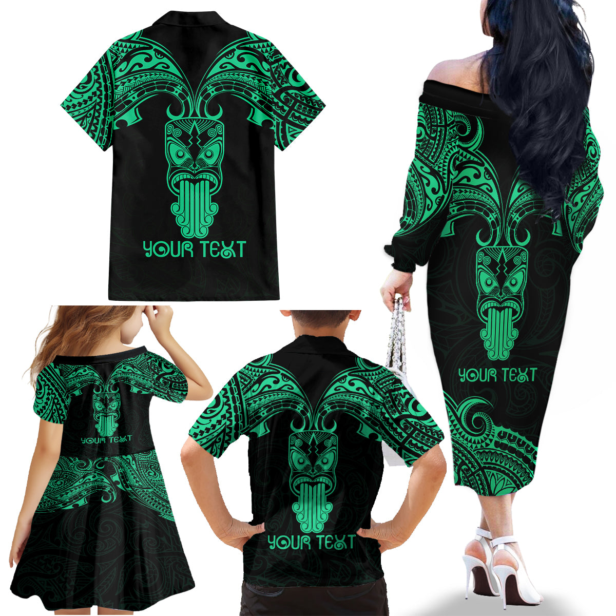 Personalised New Zealand Te Reo Maori Family Matching Off Shoulder Long Sleeve Dress and Hawaiian Shirt Kia Kaha Maori Language Week Green Style LT9 - Polynesian Pride