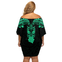 Personalised New Zealand Te Reo Maori Family Matching Off Shoulder Short Dress and Hawaiian Shirt Kia Kaha Maori Language Week Green Style LT9 - Polynesian Pride