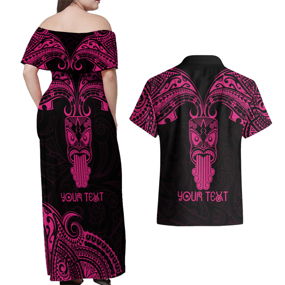 Personalised New Zealand Te Reo Maori Couples Matching Off Shoulder Maxi Dress and Hawaiian Shirt Kia Kaha Maori Language Week Pink Style LT9 - Polynesian Pride