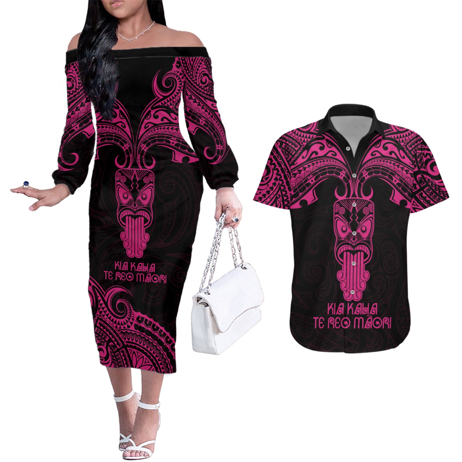 Personalised New Zealand Te Reo Maori Couples Matching Off The Shoulder Long Sleeve Dress and Hawaiian Shirt Kia Kaha Maori Language Week Pink Style LT9 Pink - Polynesian Pride