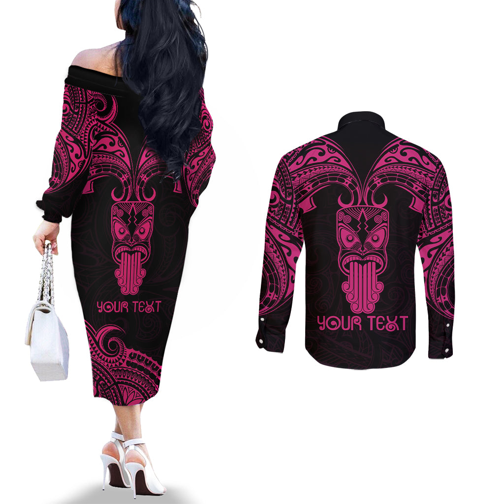 Personalised New Zealand Te Reo Maori Couples Matching Off The Shoulder Long Sleeve Dress and Long Sleeve Button Shirts Kia Kaha Maori Language Week Pink Style LT9 - Polynesian Pride