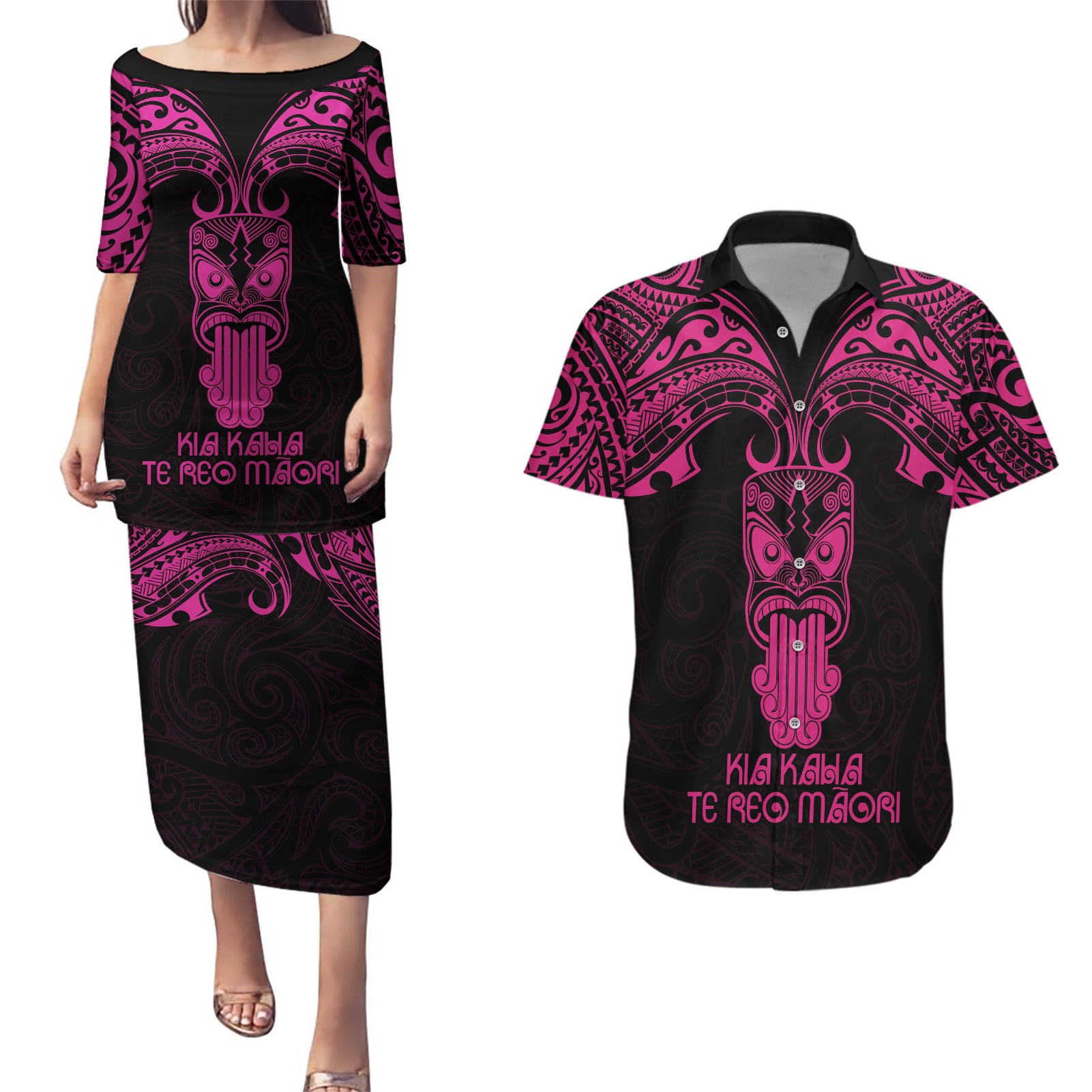 Personalised New Zealand Te Reo Maori Couples Matching Puletasi Dress and Hawaiian Shirt Kia Kaha Maori Language Week Pink Style LT9 Pink - Polynesian Pride