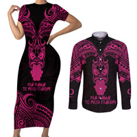 Personalised New Zealand Te Reo Maori Couples Matching Short Sleeve Bodycon Dress and Long Sleeve Button Shirts Kia Kaha Maori Language Week Pink Style LT9 Pink - Polynesian Pride