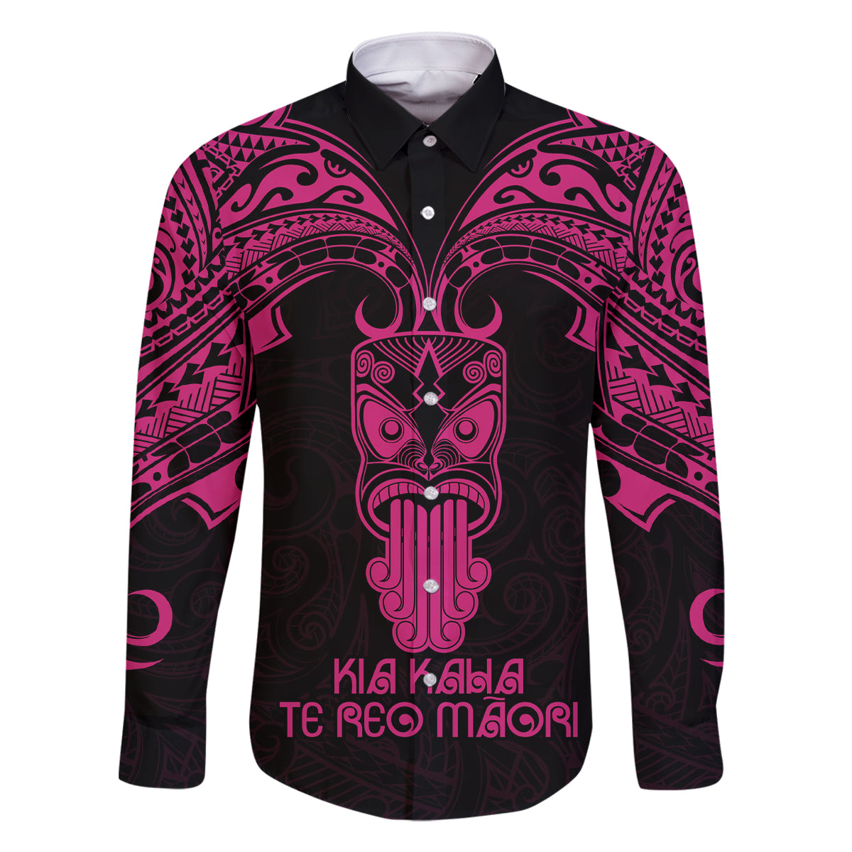 Personalised New Zealand Te Reo Maori Family Matching Off Shoulder Maxi Dress and Hawaiian Shirt Kia Kaha Maori Language Week Pink Style LT9 Dad's Shirt - Long Sleeve Pink - Polynesian Pride