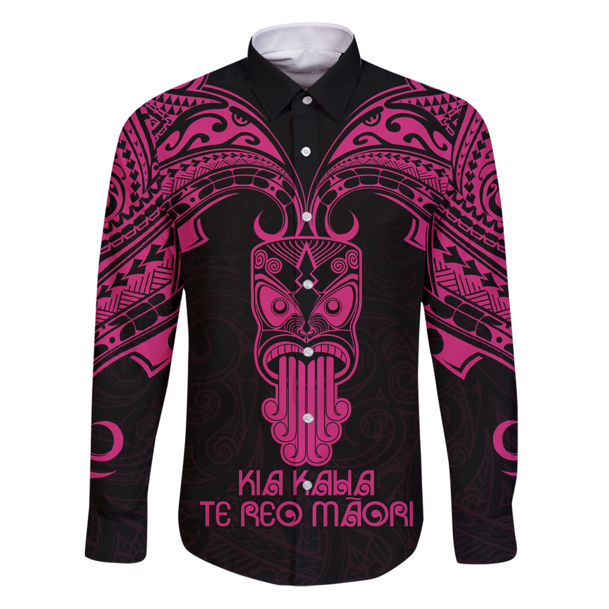 Personalised New Zealand Te Reo Maori Family Matching Puletasi Dress and Hawaiian Shirt Kia Kaha Maori Language Week Pink Style LT9 Dad's Shirt - Long Sleeve Pink - Polynesian Pride