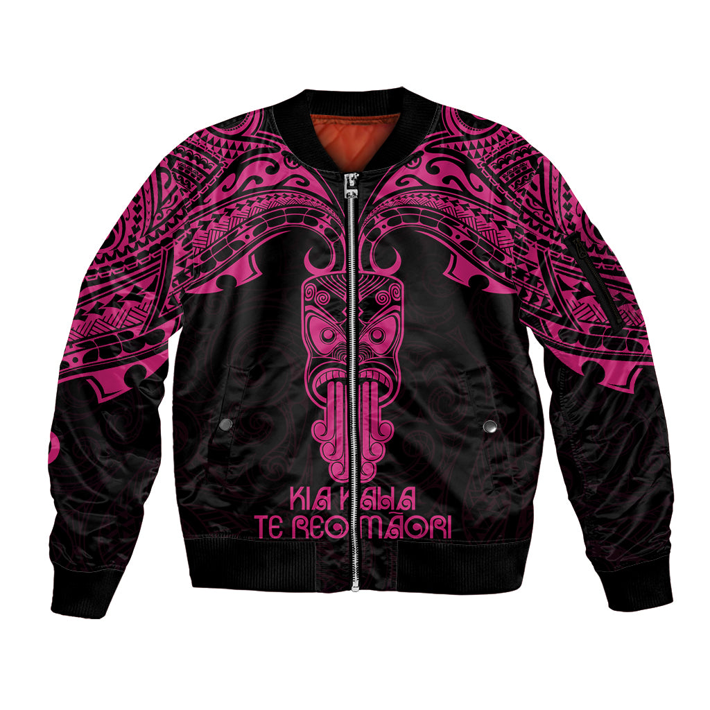 Personalised New Zealand Te Reo Maori Sleeve Zip Bomber Jacket Kia Kaha Maori Language Week Pink Style LT9 Unisex Pink - Polynesian Pride
