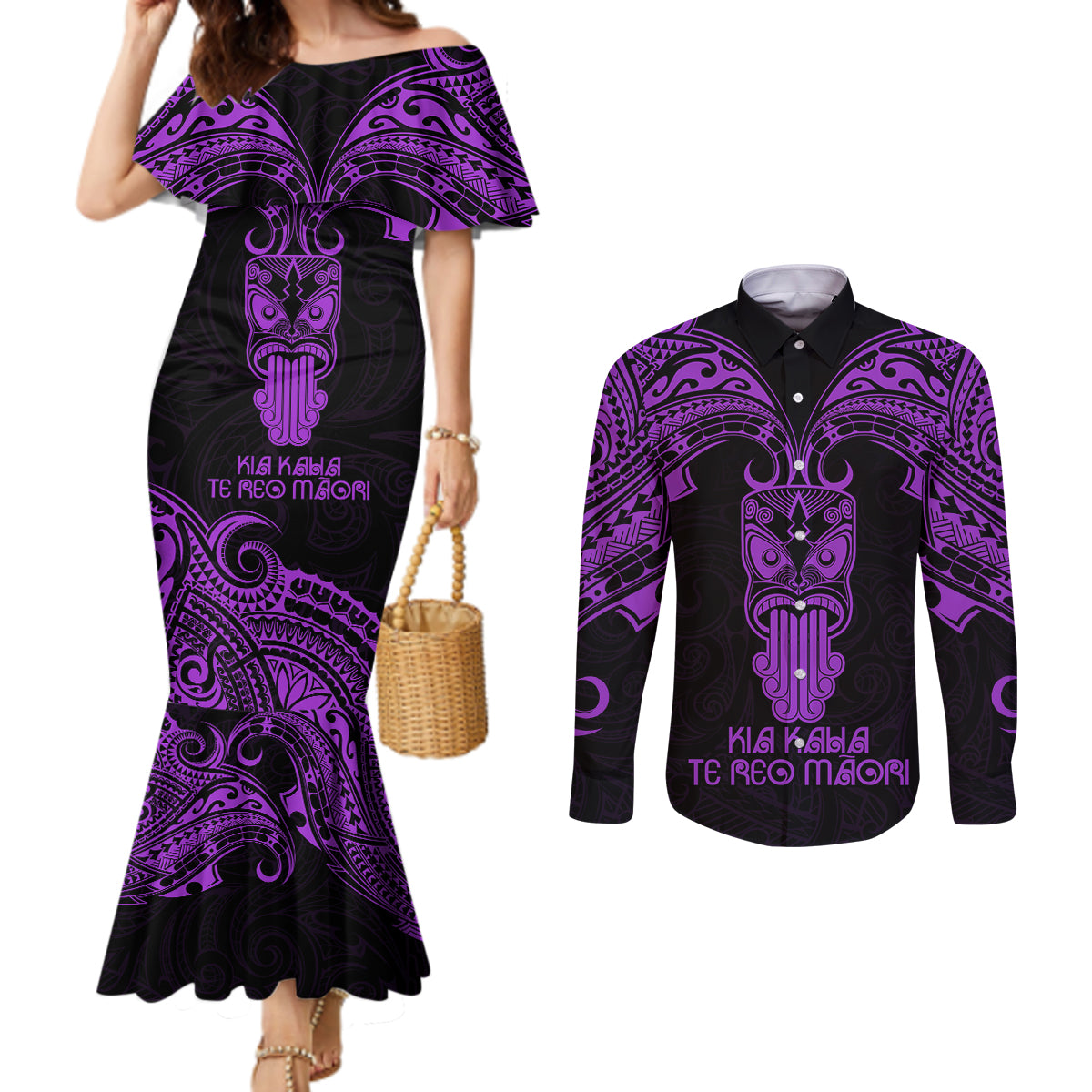 Personalised New Zealand Te Reo Maori Couples Matching Mermaid Dress and Long Sleeve Button Shirts Kia Kaha Maori Language Week Purple Style LT9 Purple - Polynesian Pride
