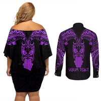 Personalised New Zealand Te Reo Maori Couples Matching Off Shoulder Short Dress and Long Sleeve Button Shirts Kia Kaha Maori Language Week Purple Style LT9 - Polynesian Pride