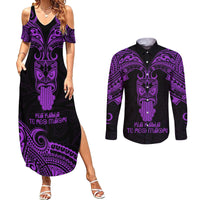 Personalised New Zealand Te Reo Maori Couples Matching Summer Maxi Dress and Long Sleeve Button Shirts Kia Kaha Maori Language Week Purple Style LT9 Purple - Polynesian Pride