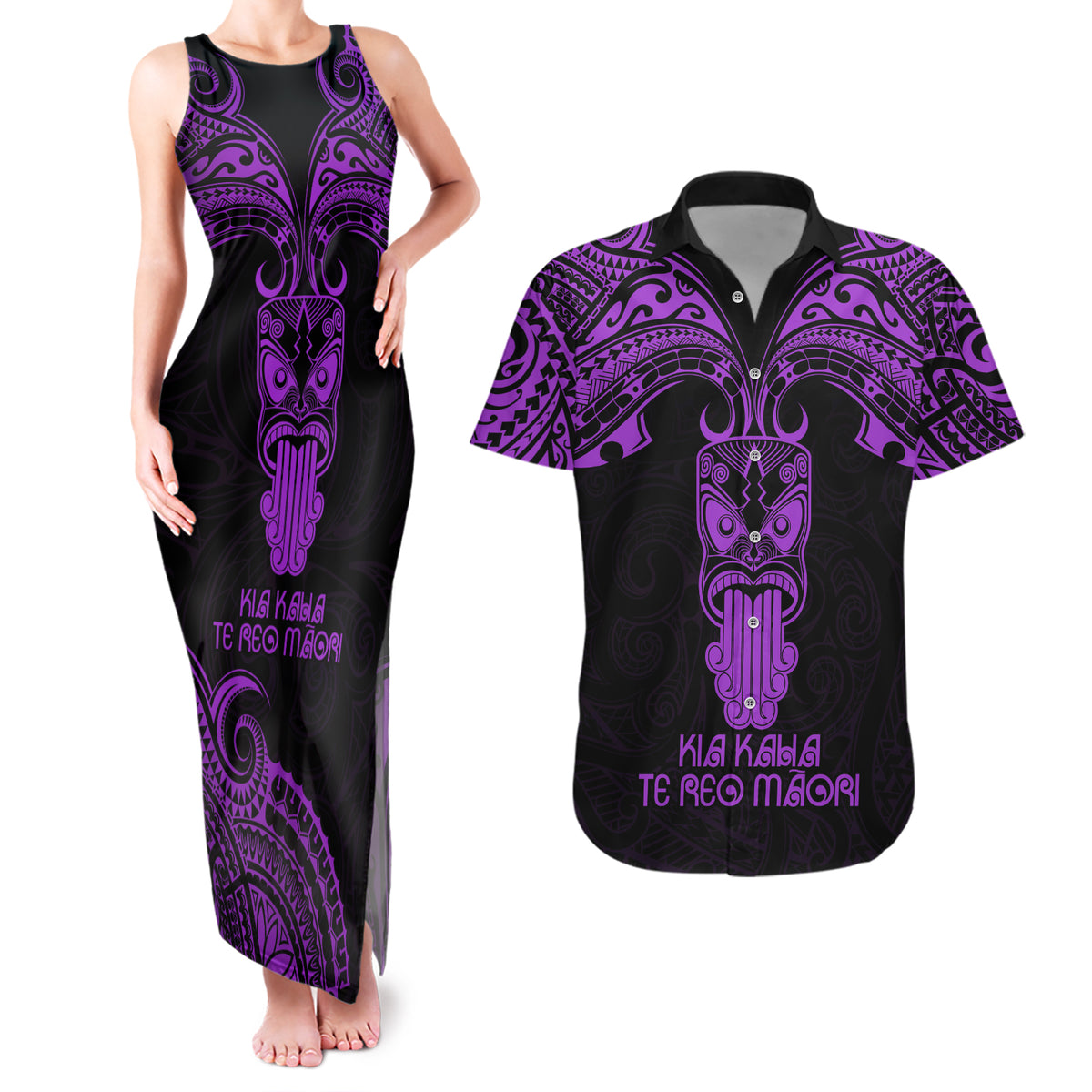 Personalised New Zealand Te Reo Maori Couples Matching Tank Maxi Dress and Hawaiian Shirt Kia Kaha Maori Language Week Purple Style LT9 Purple - Polynesian Pride