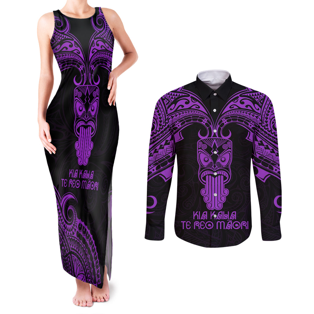 Personalised New Zealand Te Reo Maori Couples Matching Tank Maxi Dress and Long Sleeve Button Shirts Kia Kaha Maori Language Week Purple Style LT9 Purple - Polynesian Pride