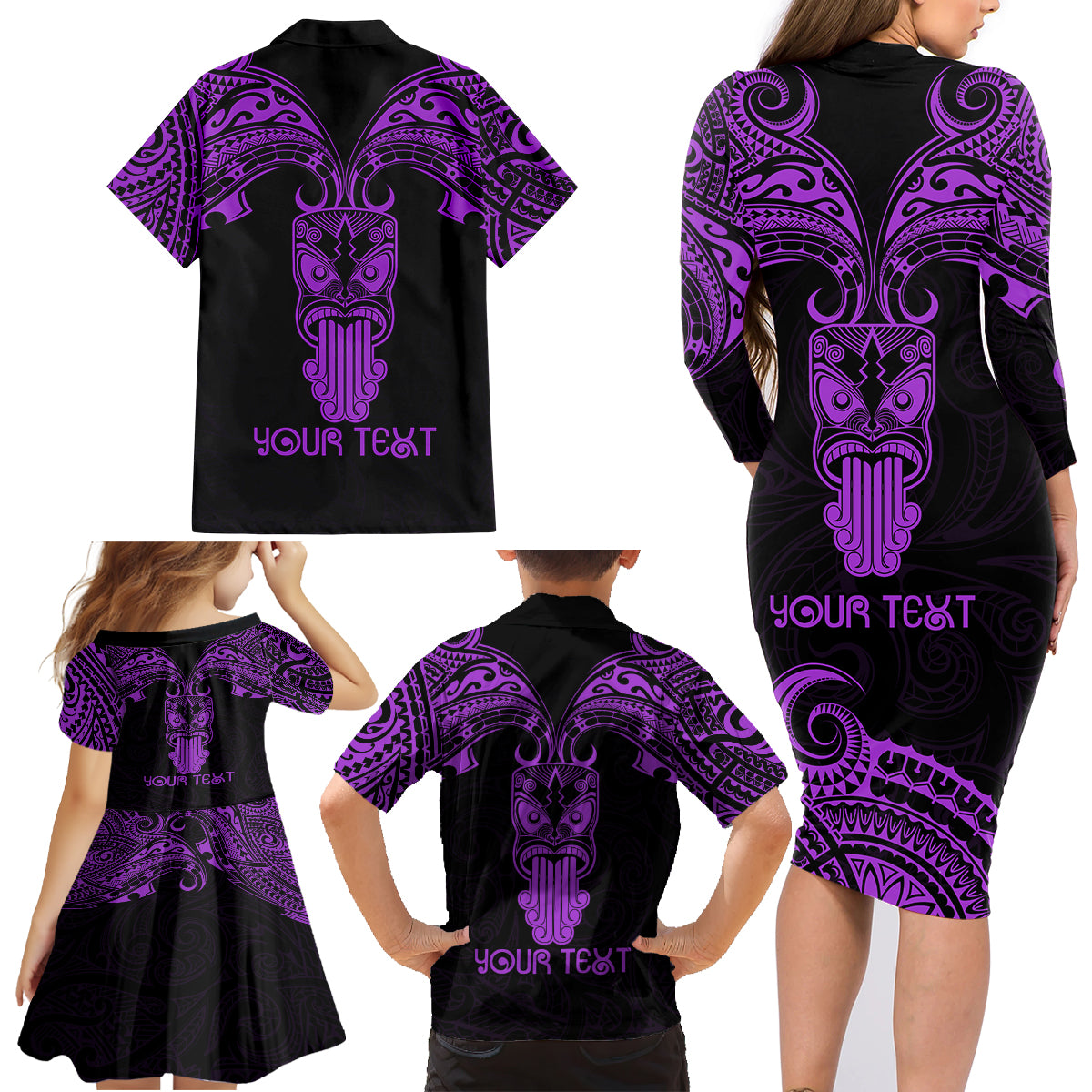 Personalised New Zealand Te Reo Maori Family Matching Long Sleeve Bodycon Dress and Hawaiian Shirt Kia Kaha Maori Language Week Purple Style LT9 - Polynesian Pride