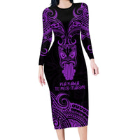 Personalised New Zealand Te Reo Maori Family Matching Long Sleeve Bodycon Dress and Hawaiian Shirt Kia Kaha Maori Language Week Purple Style LT9 Mom's Dress Purple - Polynesian Pride