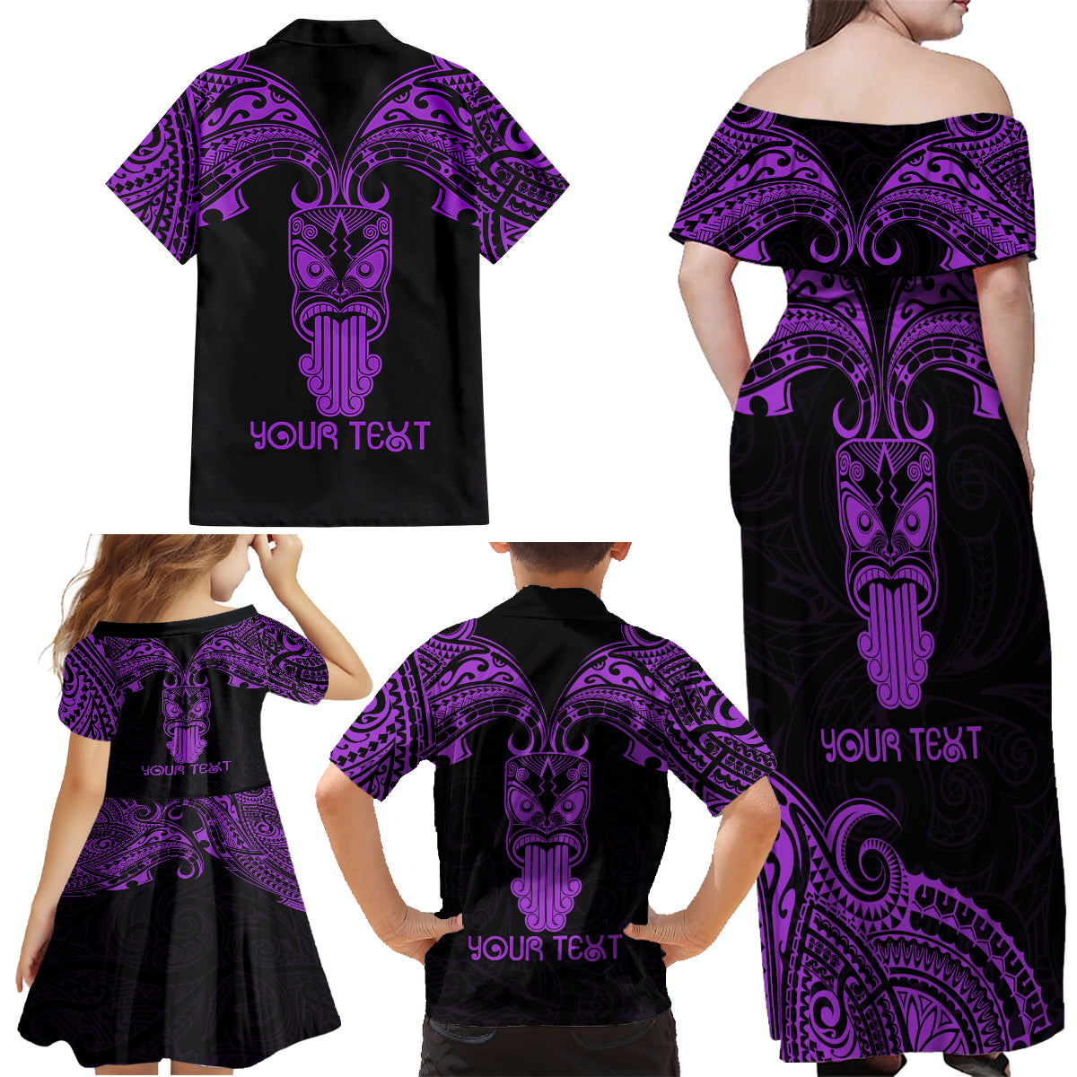 Personalised New Zealand Te Reo Maori Family Matching Off Shoulder Maxi Dress and Hawaiian Shirt Kia Kaha Maori Language Week Purple Style LT9 - Polynesian Pride