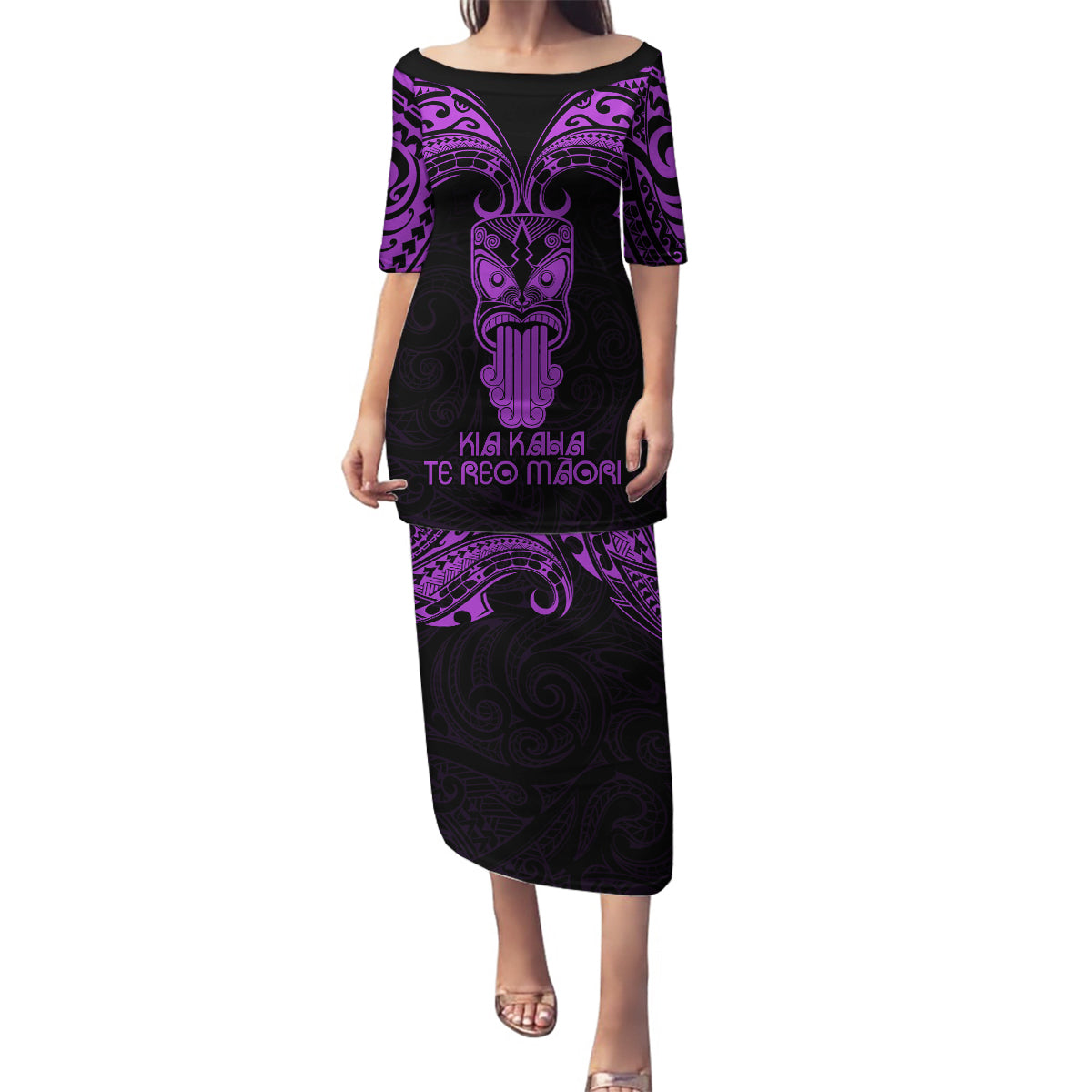 Personalised New Zealand Te Reo Maori Family Matching Puletasi Dress and Hawaiian Shirt Kia Kaha Maori Language Week Purple Style LT9 Mom's Dress Purple - Polynesian Pride