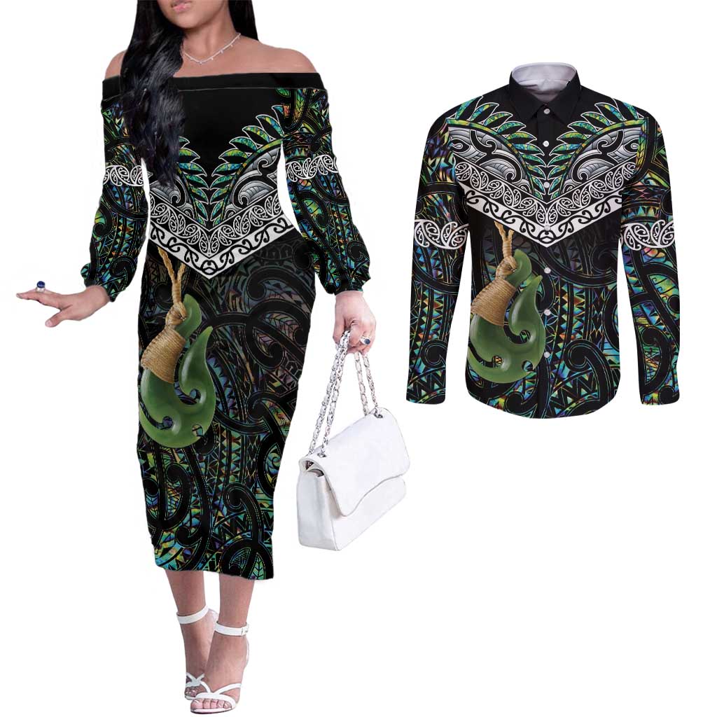 Personalised Maori Manaia Couples Matching Off The Shoulder Long Sleeve Dress and Long Sleeve Button Shirt New Zealand Tribal Hei Matau Papua Shell LT9 Green - Polynesian Pride