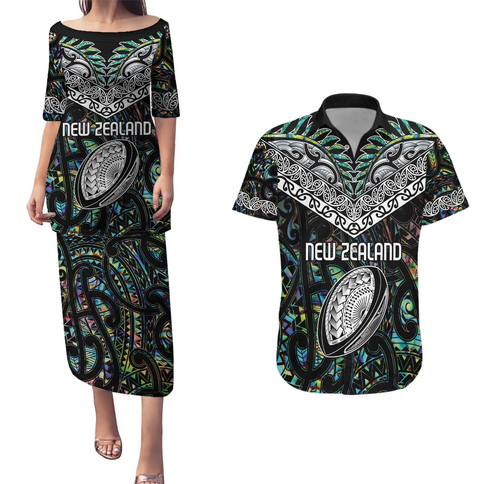 Custom New Zealand Couples Matching Puletasi and Hawaiian Shirt Maori Rugby Tattoo Papua Shell
