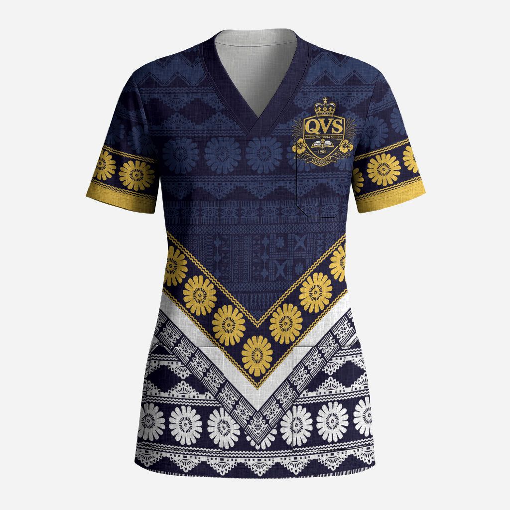 Fiji Queen Victoria School Scrub Top QVS 1906 Generational School Legacy LT9 Adult Blue - Polynesian Pride