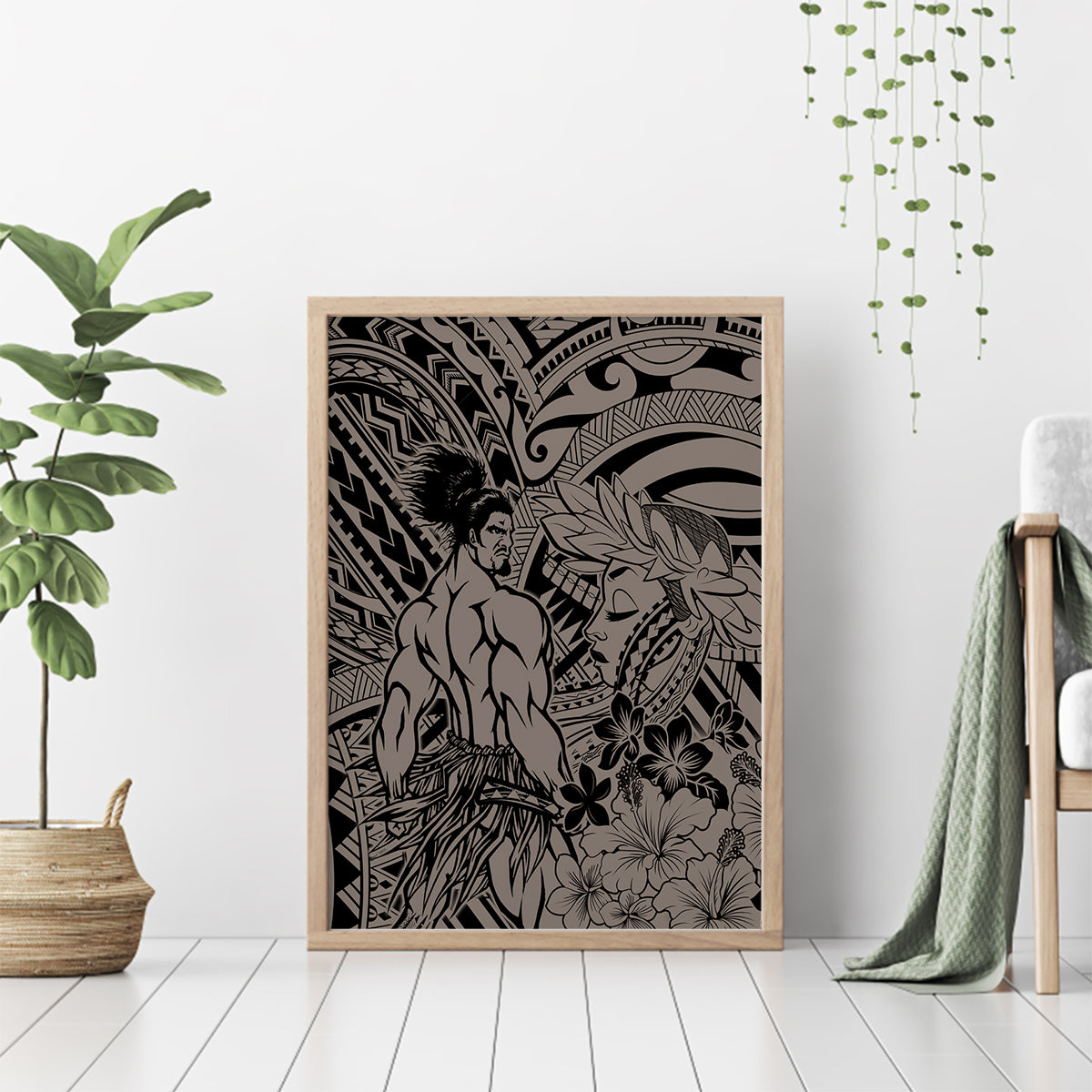 Beauty and The Warrior Polynesian Valentine Canvas Wall Art Hibiscus FLowers Brown Style LT9 - Polynesian Pride