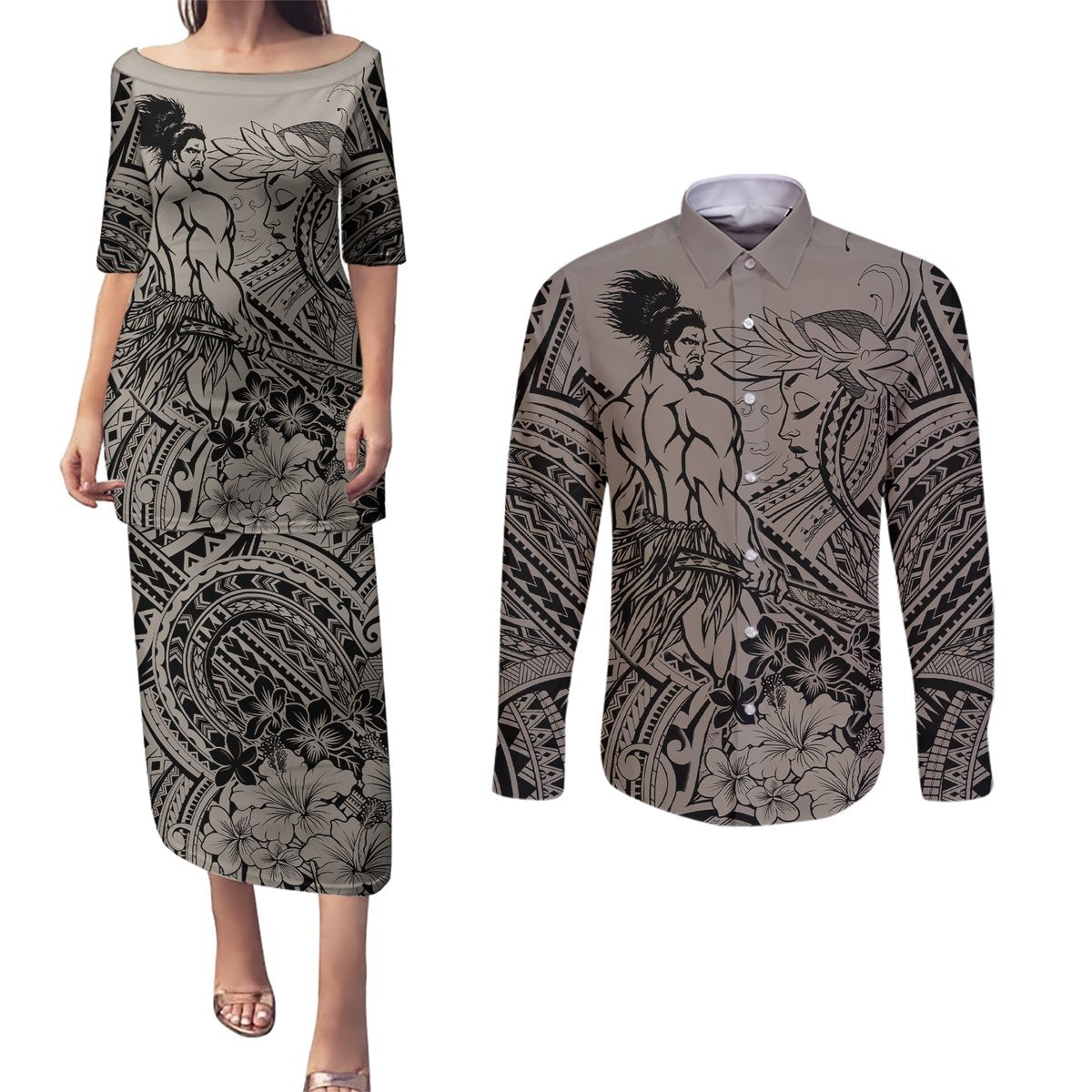 Beauty and The Warrior Polynesian Valentine Couples Matching Puletasi Dress and Long Sleeve Button Shirt Hibiscus FLowers Brown Style LT9 Brown - Polynesian Pride