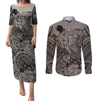 Beauty and The Warrior Polynesian Valentine Couples Matching Puletasi Dress and Long Sleeve Button Shirt Hibiscus FLowers Brown Style LT9 Brown - Polynesian Pride