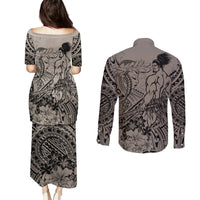 Beauty and The Warrior Polynesian Valentine Couples Matching Puletasi Dress and Long Sleeve Button Shirt Hibiscus FLowers Brown Style LT9 - Polynesian Pride