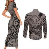 Beauty and The Warrior Polynesian Valentine Couples Matching Short Sleeve Bodycon Dress and Long Sleeve Button Shirt Hibiscus FLowers Brown Style LT9 - Polynesian Pride
